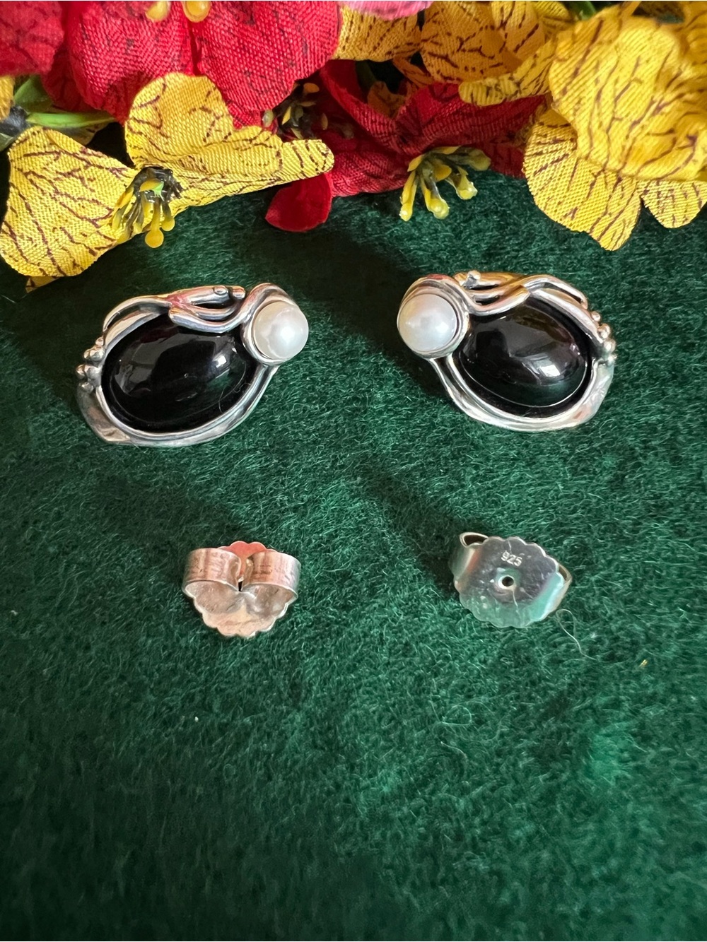 Hagit Gorali Sterling Silver Oval Black Onyx and Pearl Earrings